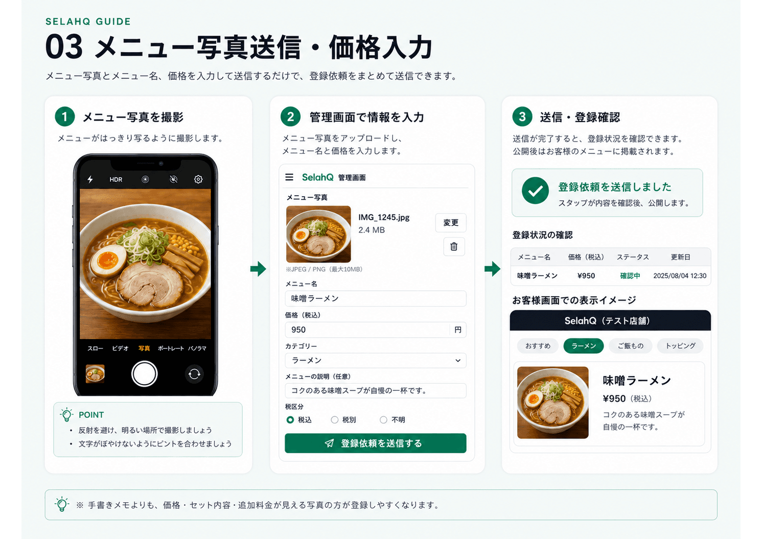 紙メニューを撮影してSelahQへ登録依頼を送る手順