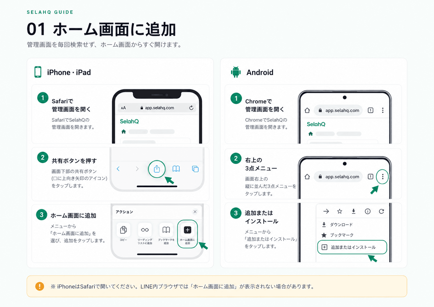 iPhone、iPad、AndroidでSelahQ管理画面をホーム画面に追加する方法